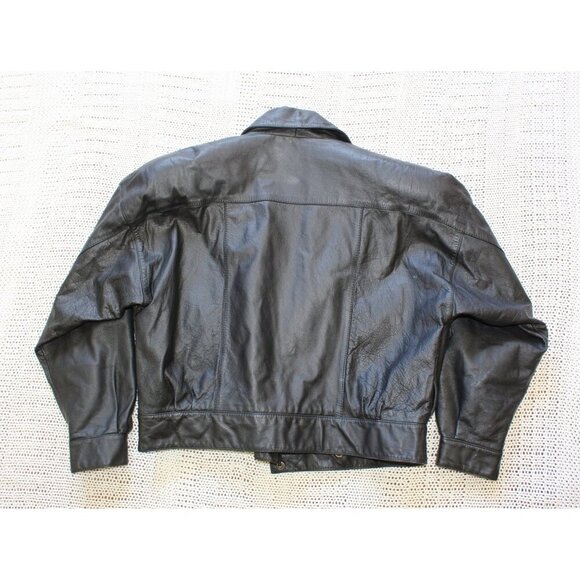 Vintage 80's Together Leather Bomber Black Jacket Small Motorcycle Pocket button - Picture 5 of 13